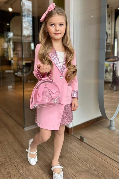 Kız Çocuk Bilekleri ve Yakası Pulpayet Detay Blazer Ceket Asimetrik Kesim Pullu Pudra Etekli Takım ürün görseli