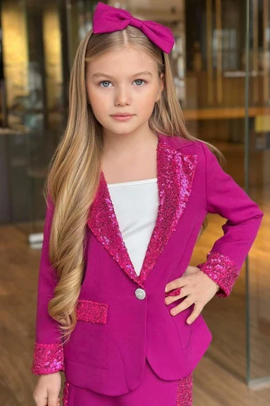 Kız Çocuk Bilekleri ve Yakası Pulpayet Detay Blazer Ceket Asimetrik Kesim Pullu Mor Etekli Takım - Resim 4