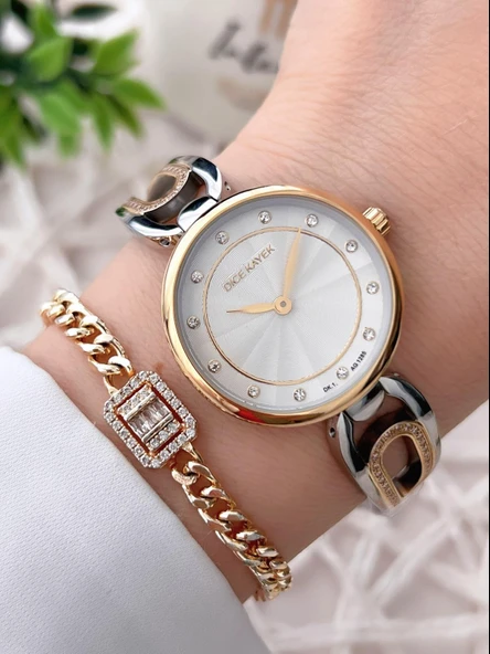 Dice Kayek Çelik Kordon Çelik Kasa Kararma Renk Atma Yapmaz Kadın Kol Saati+Bileklik AG1285.05 ürün görseli