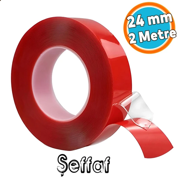 Çift Taraflı Silikon Bant Montaj Bandı Şeffaf 24 mm x 2 Metre Güçlü Çok Amaçlı Yapıştırıcı