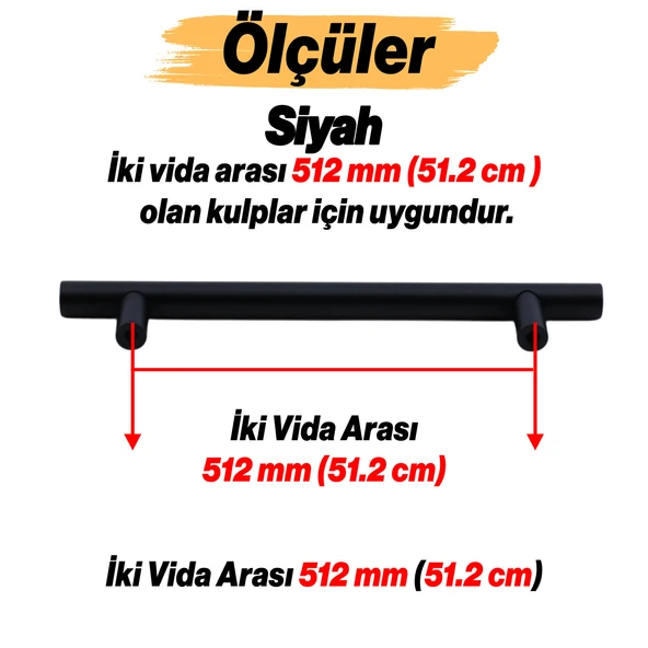 Çubuk Mat Siyah Metal Kulp 512 mm 51.2 cm Mobilya Mutfak Çekmece Dolap Dolabı Kulpu Kulbu Kulplar - 3