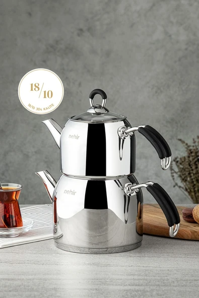 Nehir Modern Mini Küçük Boy 0.8-1.6 Lt. Paslanmaz Çelik Çaydanlık Takımı - 2