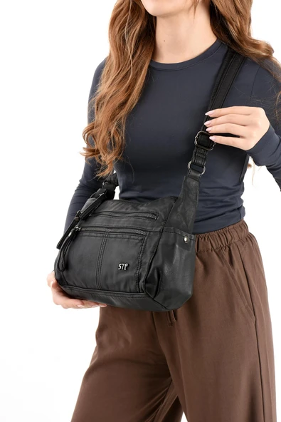 Suni Deri Omuz Çantası Siyah (Model: 571-13-10M) - 2