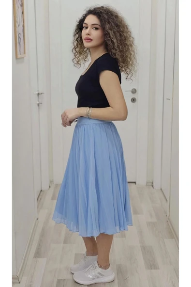 Beli Lastikli Pliseli Etek 6018-Bebe Mavisi - 2