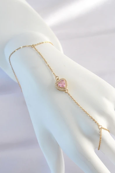 316L Çelik Gold Renk Pembe Zirkon Taşlı Kalp Model Şahmeran - TJ-SN583