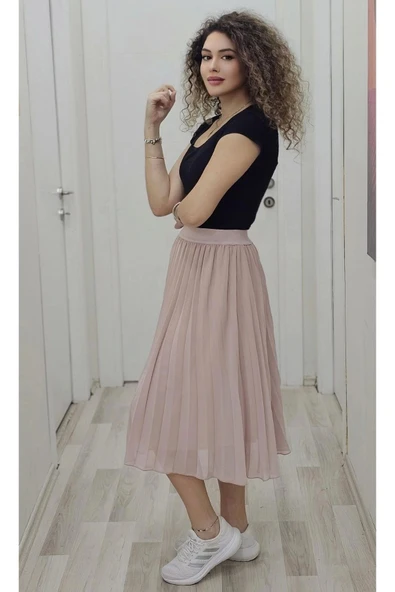 Beli Lastikli Pliseli Etek 6018-Pudra - 3