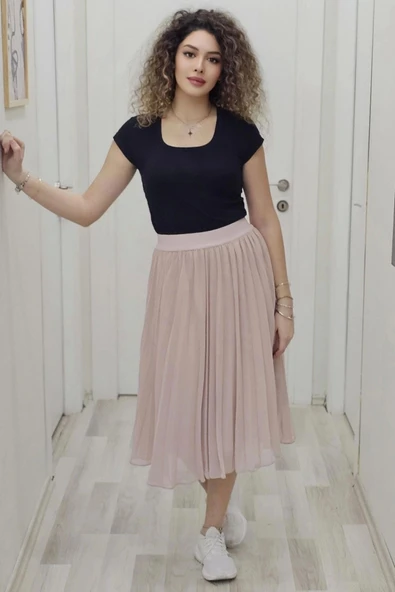 Beli Lastikli Pliseli Etek 6018-Pudra - 2