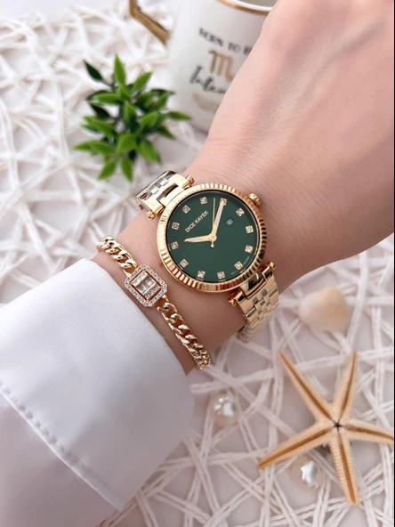 Dice Kayek Çelik Kordon Çelik Kasa Kararma Renk Atma Yapmaz Kadın Kol Saati+Bileklik AG1329.10 - Resim 2