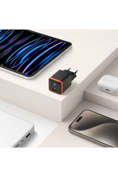 Spigen 30W USB-C Ultra Mini Hızlı Şarj Aleti Samsung PPS / Isı Düşürücü GaN Destekli Akım Korumalı Güç Adaptörü ACH08448 Siyah