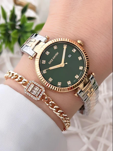 Dice Kayek Çelik Kordon Çelik Kasa Kararma Renk Atma Yapmaz Kadın Kol Saati+Bileklik AG1329.06