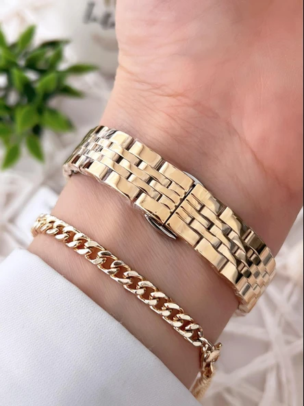 Dice Kayek Çelik Kordon Çelik Kasa Kararma Renk Atma Yapmaz Kadın Kol Saati+Bileklik AG1329.10 - Resim 3