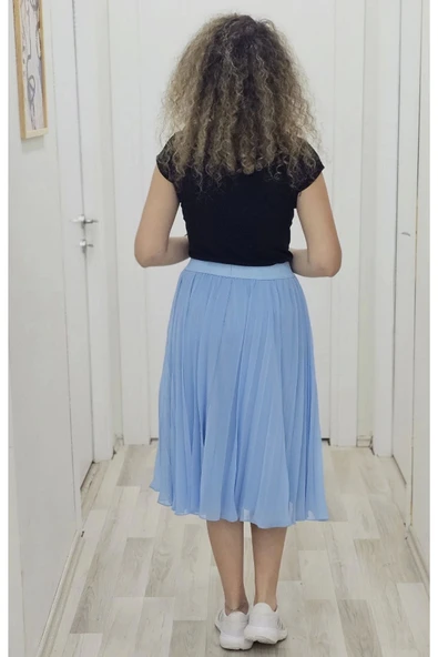 Beli Lastikli Pliseli Etek 6018-Bebe Mavisi - 4