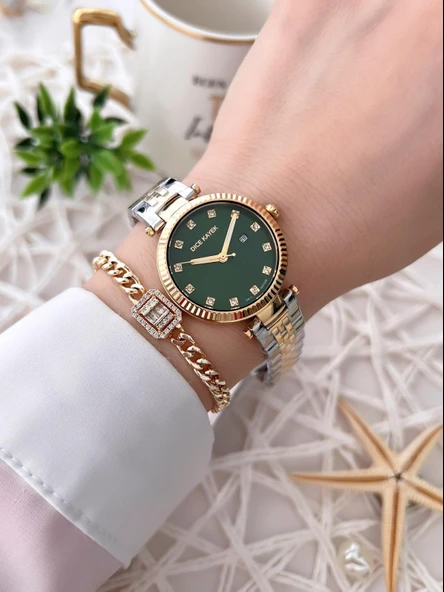 Dice Kayek Çelik Kordon Çelik Kasa Kararma Renk Atma Yapmaz Kadın Kol Saati+Bileklik AG1329.06 - 2