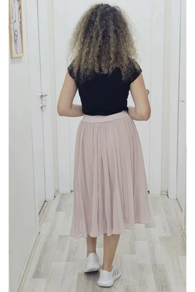 Beli Lastikli Pliseli Etek 6018-Pudra - 4