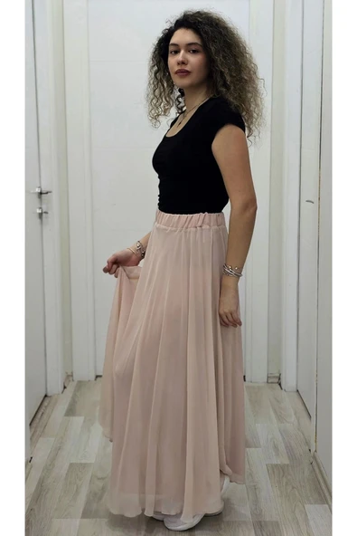 Bel Lastikli Kloş Şifon Etek 6003-Pudra - 3