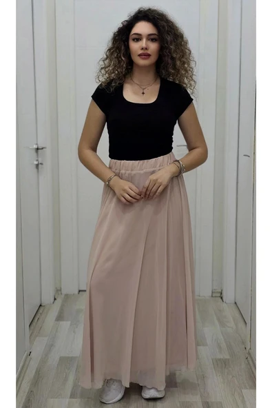 Bel Lastikli Kloş Şifon Etek 6003-Pudra - 2