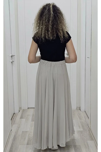 Bel Lastikli Kloş Şifon Etek 6003-Taş - 5