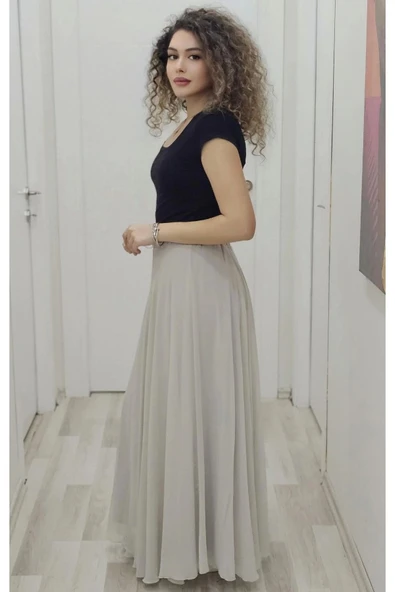 Bel Lastikli Kloş Şifon Etek 6003-Taş - 3