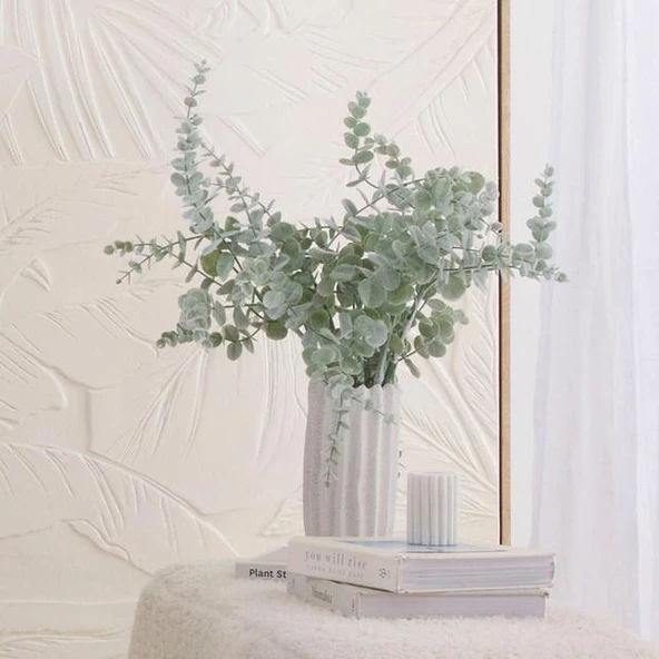 Nettenevime 3lü Set Yapay Çiçek Pastel Karlı Okaliptus 48cm 5Dallı Uzun Dal Eucalyptus - Resim 3