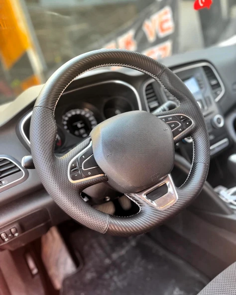 Megane 4 İcon Araca Özel Direksiyon Kılıfı (SOFT NOKTA KARBON KREM İP) - Resim 3