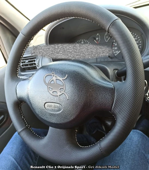 Clio 2 Araca Özel Deri Direksiyon Kılıfı ( Noktalı Düz Gri Dikişli) ürün görseli