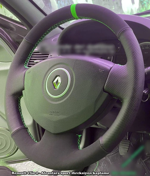 Clio 2 Araca Özel Direksiyon Kılıfı (Noktalı Nubuk Yeşil Yüzüklü)
