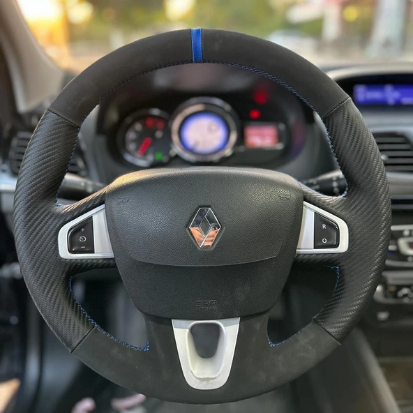 Fluence Araca Özel Direksiyon Kılıfı (Karbon Alcantra Mavi Yüzük)