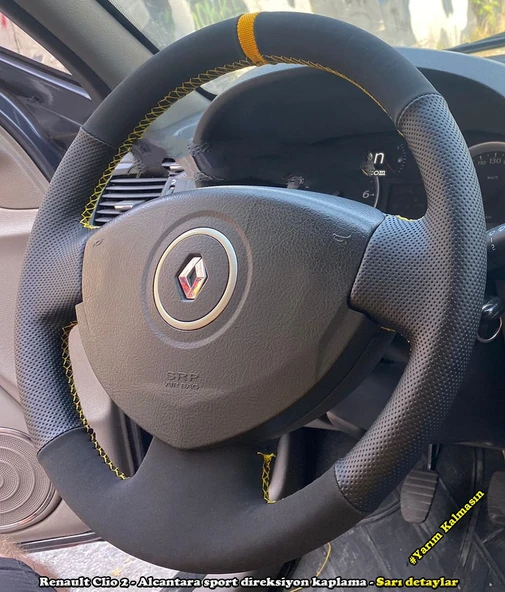 Clio 2 Araca Özel Direksiyon Kılıfı (Noktalı Nubuk SARI Yüzüklü) ürün görseli