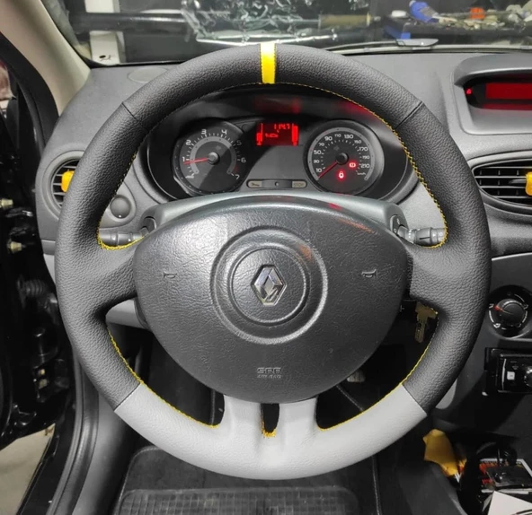 Clio 3 Araca Özel Direksiyon Kılıfı (DÜZ GRİ SARI YÜZÜKLÜ)