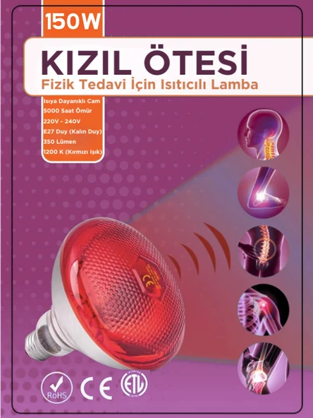 (5 Adet) 150W Kızılötesi (infrared) Isıtıcılı Fizik Tedavi Lambası (Kırmızı Işık) E27 (Kalın Duy) - 2