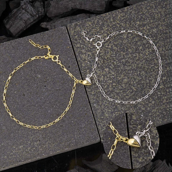925 Ayar Gümüş Rodyum Gold Çift Kalpli Aşk Bileklik