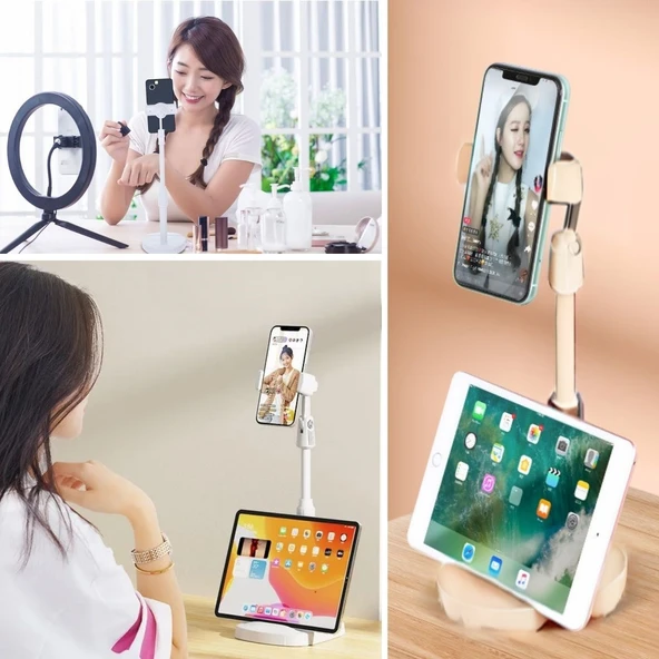 Masa Üstü Tablet ve Telefon Tutucu Plastik Aparat Beyaz Telefon Standı - 2