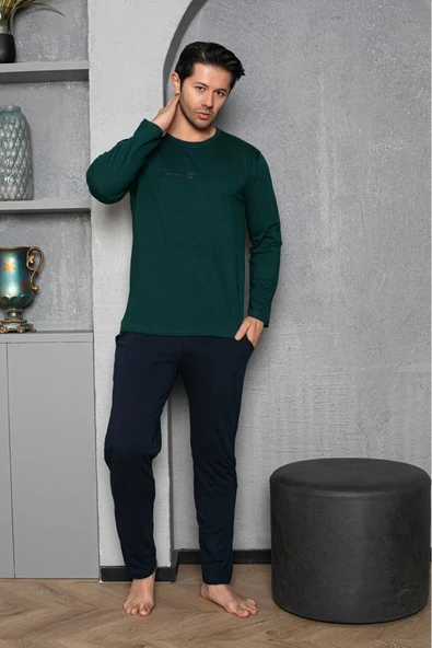 Sude Erkek Bisiklet Yaka Penye Uzun Kol İnce Pijama Takımı A-301-991- 1 Adet  L Koyu Yeşil - 4