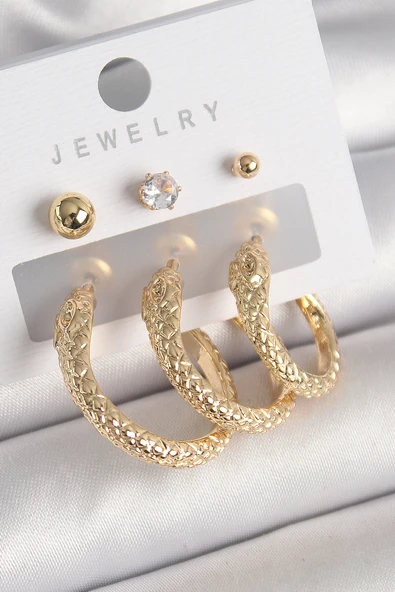 Pirinç Gold Renk Zirkon Taşlı Topçuk Detay Yılan Halka Model Kadın Küpe Seti - TJ-BKP10310