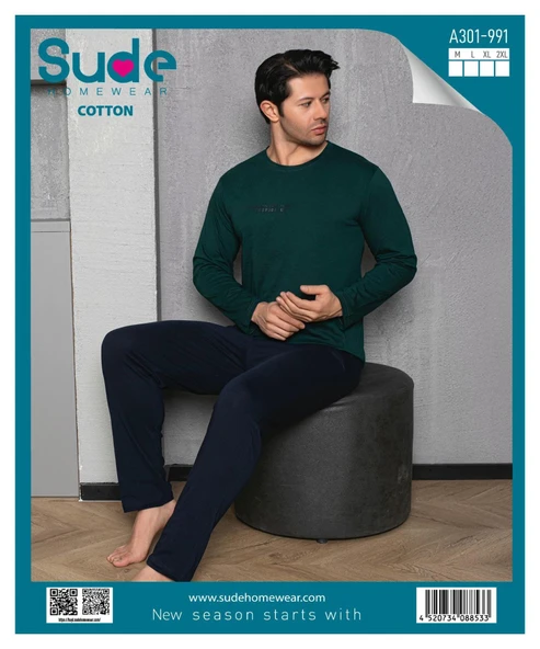 Sude Erkek Bisiklet Yaka Penye Uzun Kol İnce Pijama Takımı A-301-991- 1 Adet  L Koyu Yeşil - 3