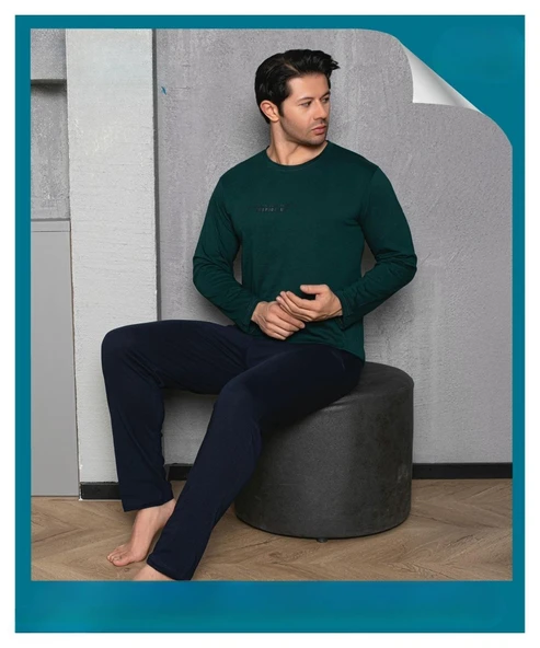 Sude Erkek Bisiklet Yaka Penye Uzun Kol İnce Pijama Takımı A-301-991- 1 Adet  L Koyu Yeşil
