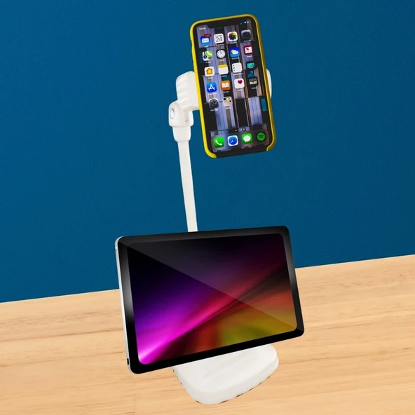 Masa Üstü Tablet ve Telefon Tutucu Plastik Aparat Beyaz Telefon Standı - 3