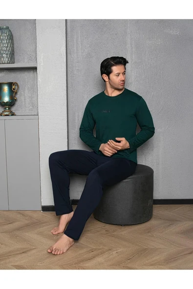 Sude Erkek Bisiklet Yaka Penye Uzun Kol İnce Pijama Takımı A-301-991- 1 Adet  M Koyu Yeşil - 2