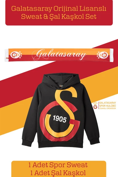 Galatasaray Orijinal Lisanslı Büyük Logo Çocuk Sweat + Şal Kaşkol Set
