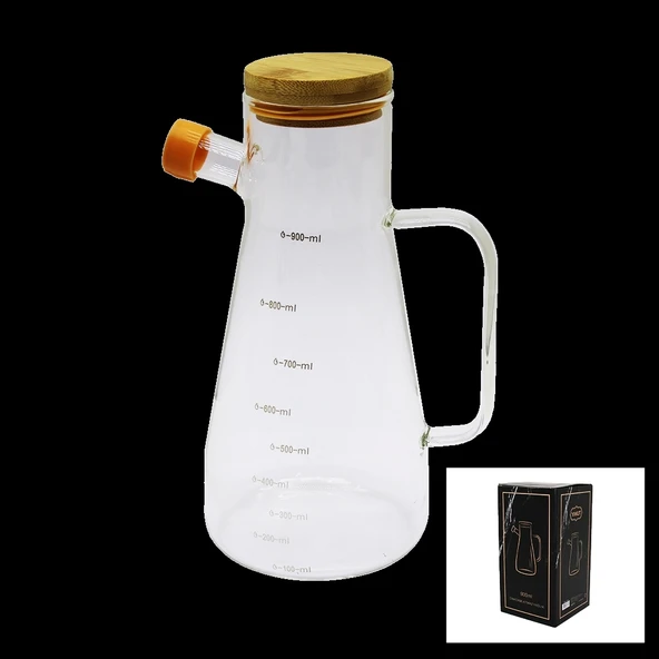 DAMLATMAZ CAM YAĞDANLIK BAMBU KAPAKLI ÖLÇEKLİ 900ML (4172)