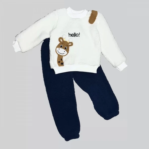 1-2-3 Yaş Hello Zürafa Nakışlı Kuzu Kumaş Sweat Pantolon Uzun Kollu Kız Erkek 2 Li Takımı Lacivert