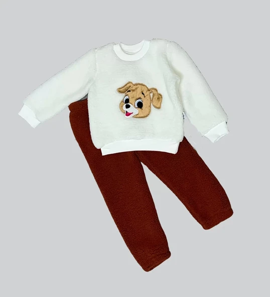 1-2-3 Yaş Mutlu Köpekcik Nakışlı Kuzu Kumaş Sweat Patili Pantolon Uzun Kollu Kız Erkek 2 Li Takımı Bordo