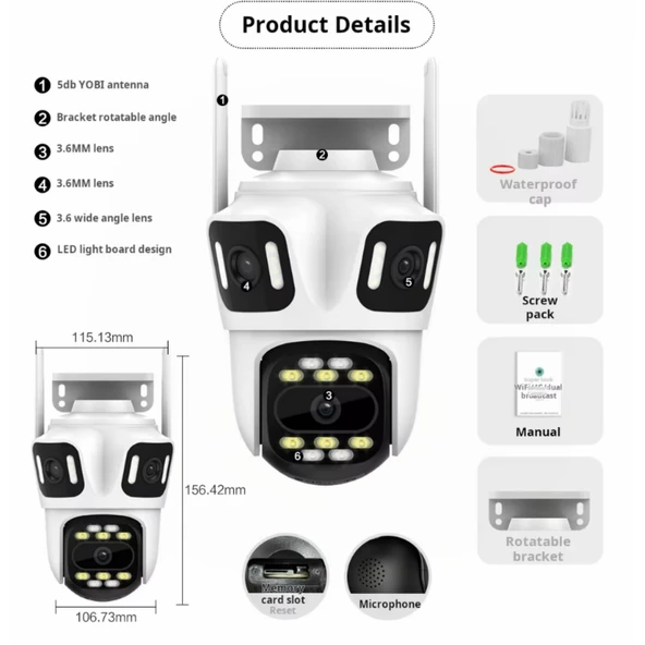 Ozmik CMR60 WiFi IP Kamera 6K 12MP Dış Mekan Üç Lensli Üç Ekran, PTZ Güvenlik Kamerası - 8