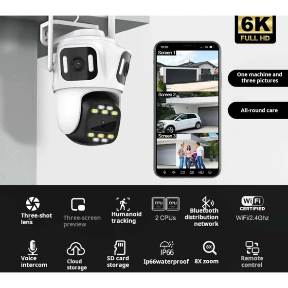 Ozmik CMR60 WiFi IP Kamera 6K 12MP Dış Mekan Üç Lensli Üç Ekran, PTZ Güvenlik Kamerası - 4