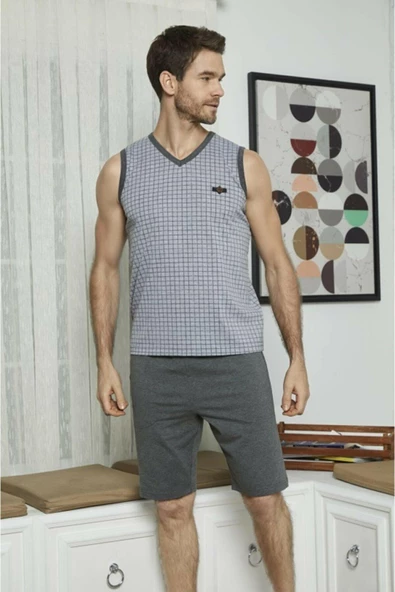 KLY 7508 Erkek Sıfır Kol Kapri Pijama Takım