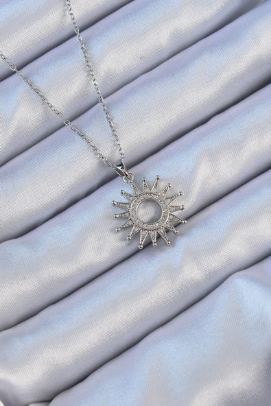 316L Çelik Zincir Gümüş Renk Zirkon Taşlı Parlayan Güneş Kolye - TJ-BKO9106 ürün görseli