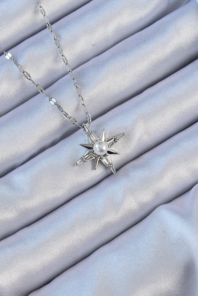 316L Çelik Zincir Gümüş Renk Baget Taşlı İnci Detay Kutup Yıldızı Kolye - TJ-BKO9120 ürün görseli