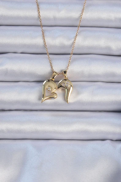 316L Çelik Zincir Altın Renk Zirkon Taşlı Mıknatıslı Kalp Kolye - TJ-BKO9081 - Resim 3