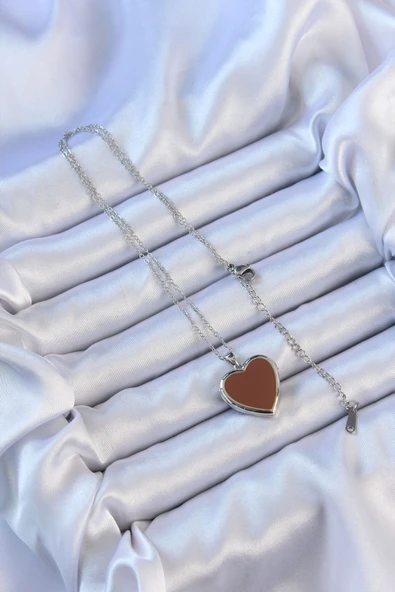 316L Çelik Zincir Gümüş Renk Mineli İçi Açılan Kalp Kolye - TJ-BKO9098 - Resim 2