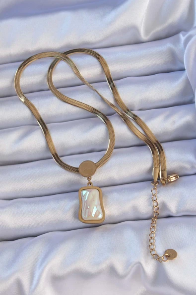 316L Çelik Gold Renk İtalyan Zincir Ezme Taşlı Kolye - TJ-BKO9207 - Resim 2